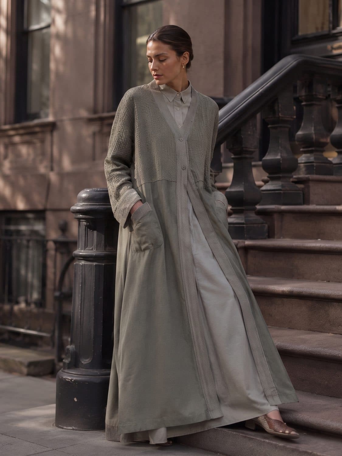An olive twill coat on brownstone steps