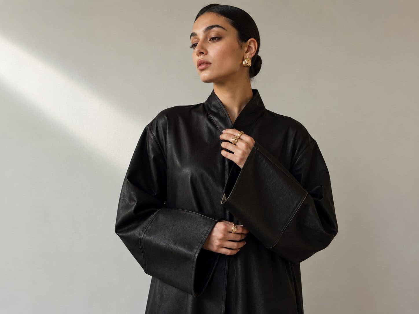 Nappa-Effect Belted Abaya — view 2